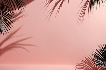 Fototapeta na wymiar Blurred palm leaves cast a delicate pattern on a pink wall, create a minimal abstract background Ideal for product presentation, emanating the feel of spring and summer