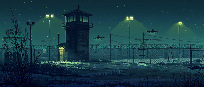 Dimly lit prison watchtower at night with snow and glowing lights