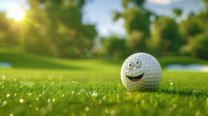 Golf ball with a smiling face on a meadow