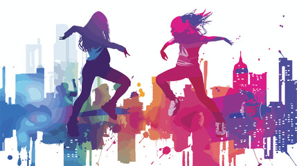 Hip-Hop Dancing Girls Silhouette on City Background.