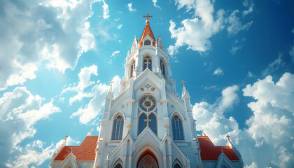 Catholic church with white clouds in the blue sky. Religious ancient building Christian celebration...