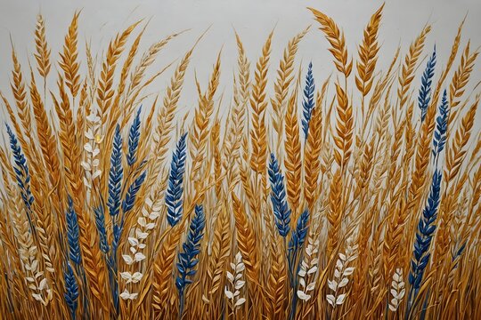 Vibrant paintings of plants, flowers, and golden grains in oils on canvas.