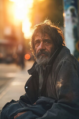 Obraz premium Homeless man sitting on sidewalk