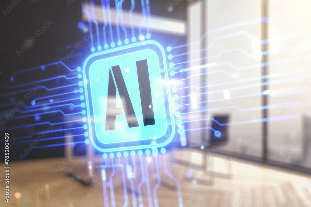 Leinwandbilder double exposure of creative artificial intelligence icon and modern desktop with laptop on backgroun