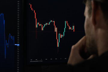 crypto currency investor analyzing digital candle stick chart data on computer screen. stock market broker looking at exchange trading platform indexes. over shoulder view - 785200874