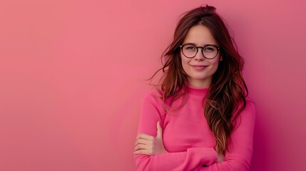 A happy millennial woman with glasses, posing with folded hands, on a solid fuchsia background, radiating positivity - obrazy, fototapety, plakaty