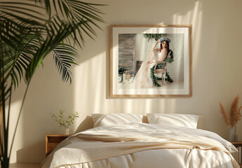 Bedroom Mockup Frame On The Wall With Generative ai - obrazy, fototapety, plakaty