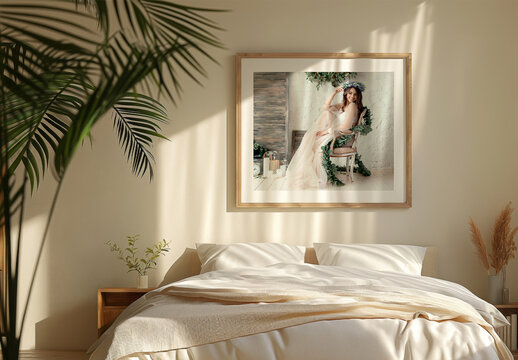 Bedroom Mockup Frame On The Wall With Generative ai
