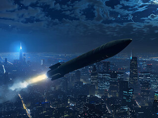 Cruise Missile Flight at Twilight Over Ocean
Missile in Night Sky Over Illuminated Cityscape
Nighttime Missile Launch with Urban Backdrop