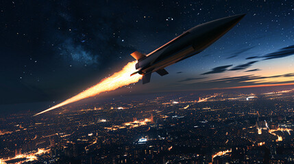 Cruise Missile Flight at Twilight Over Ocean
Missile in Night Sky Over Illuminated Cityscape
Nighttime Missile Launch with Urban Backdrop