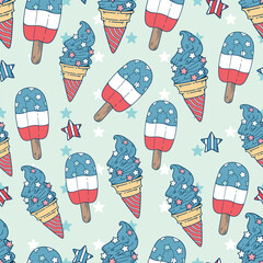 Seamless pattern of patriotic Ice cream cones and ice cream stick. This illustration has an American Independence Day theme. Pattern for fabric and wrapping paper, design wallpaper and fashion prints.