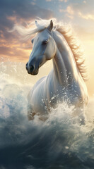 White horse with splashing wather.