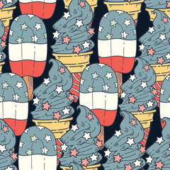 Seamless pattern of USA flag Ice cream cones and ice cream bars. This illustration has an American Independence Day theme. Pattern for fabric and wrapping paper, design wallpaper and fashion prints.