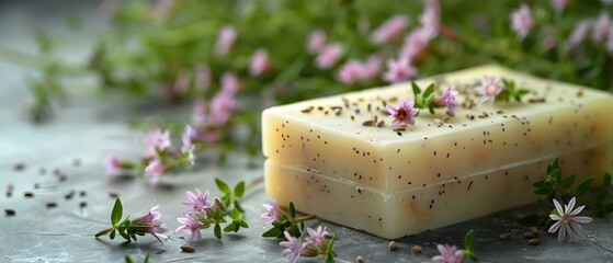 Obraz na płótnie Canvas Artisanal Botanical Soap with Natural Herbs and Flowers. Concept Botanical Soap, Herbal Skincare, Artisanal Bath Products, Natural Ingredients, Floral Infusions