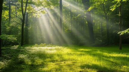 Sunlight in green forest in spring - obrazy, fototapety, plakaty