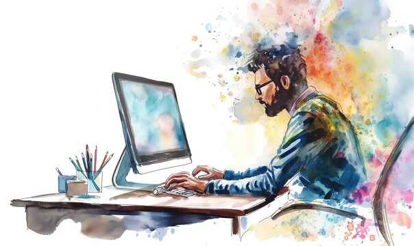 Professional male designer at work with his laptop or graphic tablet at his desk on white background artistic colorful watercolor painting for design courses or studying
