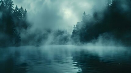 Mystic Fog Over Silent Lake - Tranquil Yet Mysterious. Concept Mystic Fog, Silent Lake, Tranquil, Mysterious, Outdoor Beauty - obrazy, fototapety, plakaty