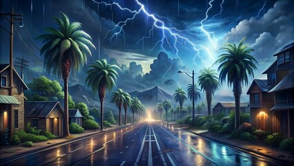 Obraz premium A wide landscape of a street road with monsoon thunderstorm and rain