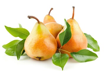 Red pears with green leafs on white background