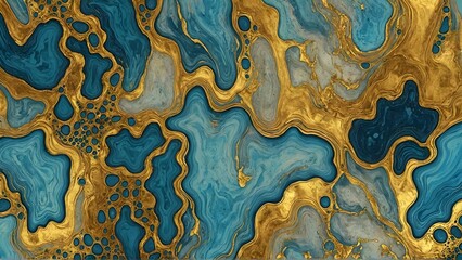 Marbled blue and golden abstract background. Liquid marble. Blue and gold marbling pattern.