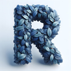The letter R is made out of blue Leaves, Isolated on a white background, leaves font concept, Creative Alphabet, Letters, Natural Blue
