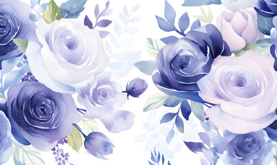 Fototapeta premium Blue and purple roses pattern, watercolor, Generative AI