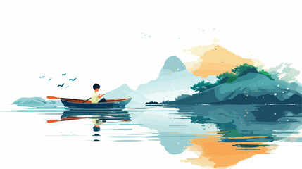 Illustration of a boy rowing a boat on a lake Flat vector