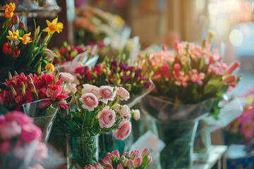 Beautiful bouquets of different flowers in a glass vases in a flower shop. Blurred flower shop in a background.