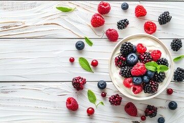 Bowl with white yogurt and ripe berries on wooden table