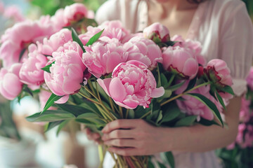 Woman florist making beautiful bouquet of pink peonies in a flower shop.