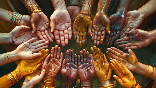 Hands filled with various colors Symbol of equality of nations. Top view.