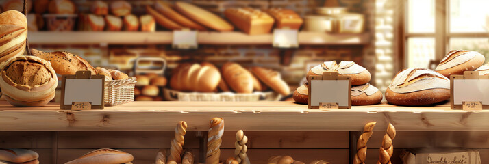 Artisan bread loaves with various shapes and sizes, each accompanied by a price tag, displayed on wooden shelves