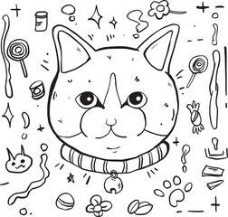 Cat head decoration cute element funny, hand draw, isolated icon set Outline Simple vector illustration 