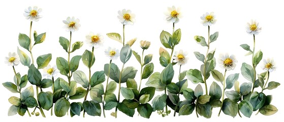Feverfew Herb Watercolor, White Backdrop. Concept Botanical Illustration, Watercolor Art, Herbal Medicine, Healing Plants, Organic Gardening - obrazy, fototapety, plakaty