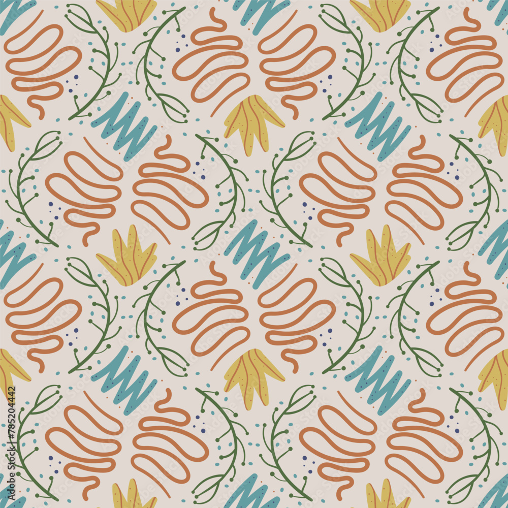 Poster abstract lines and flowers seamless pattern. waves and floral elements endless background. simple ge