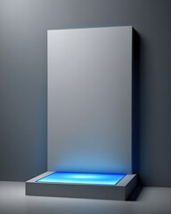 Abstract metal background with blue light. Centered podium in minimalist setup.