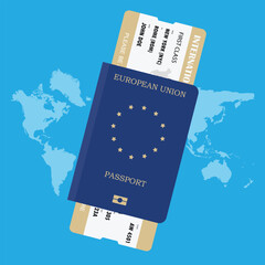 Plan your travel concept. Passport with ticket on world map - 785204441