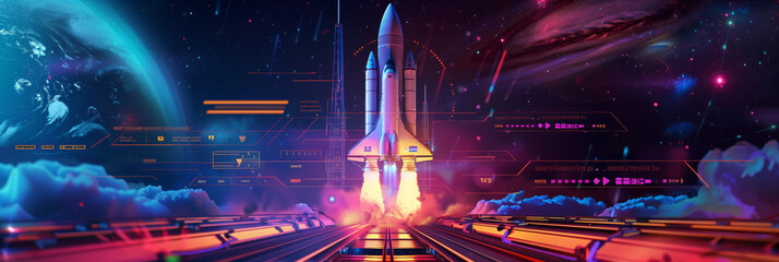 A dynamic image of a space shuttle launching, overlaid with advanced futuristic user interface elements