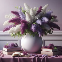 Realistic image of a large white vase with purple lilacs and white lilacs.