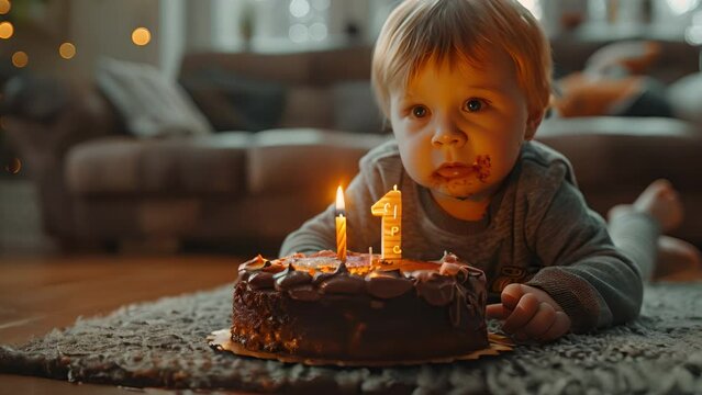 Happy one year old boy holding a birthday cake celebrating first birthday.