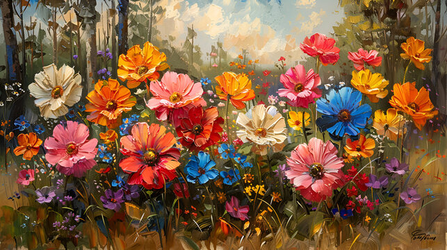 A Garden Symphony with the Stunning Colorful Flowers,
Colourful painting of flowers
