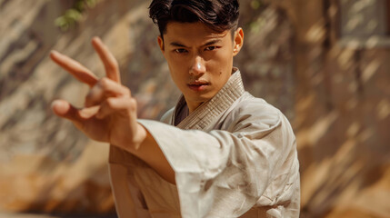 Fototapeta premium A fashionably dressed man, practicing kung fu, one hand stretched forward, one hand on his chest