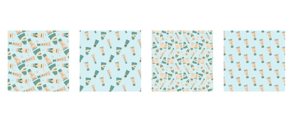 Cosmetics hand cream seamless patterns set. Skincare lotion beauty tubes repeat covers collection. Moisturizing products endless background. Vector illustration.