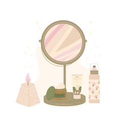 Skincare cosmetics daily routine products set. Mirror and cleansing and moisturizing. Flat vector illustration isolated on white background