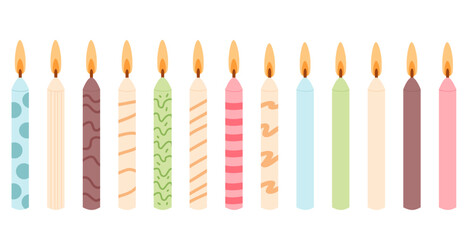 Burning birthday cake candles isolated on white background. Vector hand drawn illustration.