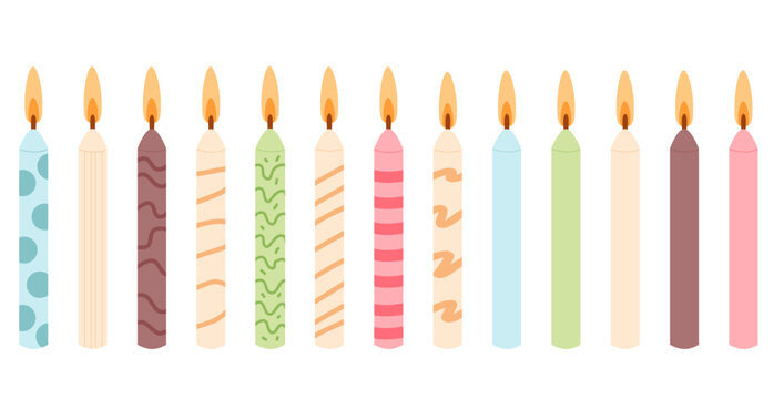 Burning birthday cake candles isolated on white background. Vector hand drawn illustration.