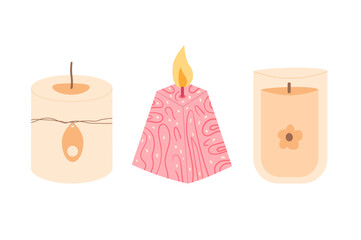 Beeswax candles set. Handmade aromatic candlelight isolated in white background. Hygge time. Aromatherapy and relaxation home decor. Vector handdrawn illustration