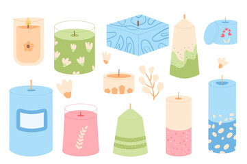 Candles different shapes set. Wax, soy, paraffin candles. Aroma spa accessories for relax collection. Home decor items. Vector flat illustration
