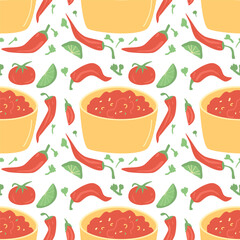 Salsa sauce seamless pattern. Mexican cuisine repeat background. Salsa rojo red endless cover. Traditional mexican food with tomato, pepper lime for snack loop ornament. Vector illustration.