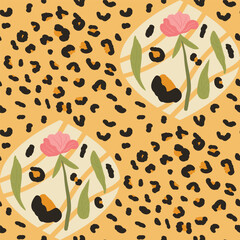 Leopard and flower seamless pattern collage. Animal skin and floral mixed media print endless background. Exotic wild repeat cover. Stylized spots simply loop ornament. Vector illustration.